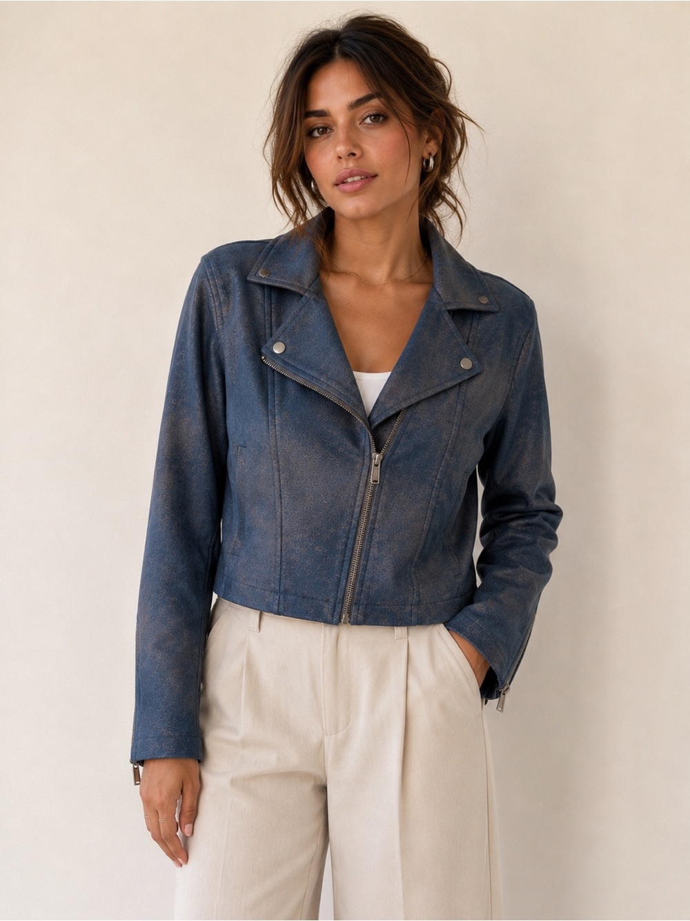 Sandwich_ Distressed Blue Faux Suede Moto Jacket Cropped Biker Jacket EU 36